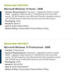 美国新蛋网泄露Windows 10两个版本价格