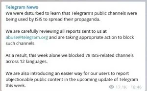 Telegram关闭78个宣传ISIS的公共频道