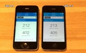 iPhone 4s分别运行iOS 9.1和iOS 9.2的对比