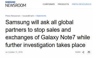 三星要求全球停止Note7销售 建议用户关机停用