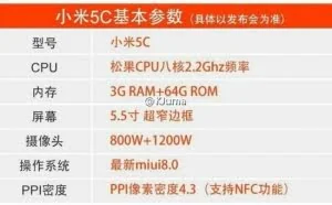 小米5c详细参数曝光 采用自主松果CPU 或11月30日发布