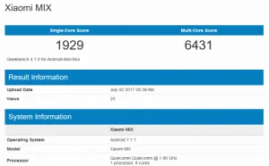 [图]小米MIX 2亮相跑分库：骁龙835+6GB内存+Android 7.1.1系统