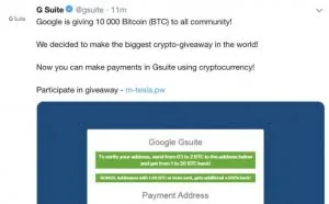 谷歌G Suite账号被黑 发推文称向社区成员赠送1万个比特币
