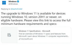 微软：Win10升级Win11需要达到20H1以上版本