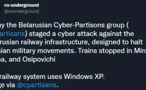 白俄罗斯反对派黑客组织Cyber-Partisons对铁路系统发动攻击，以阻止俄军的军事行动