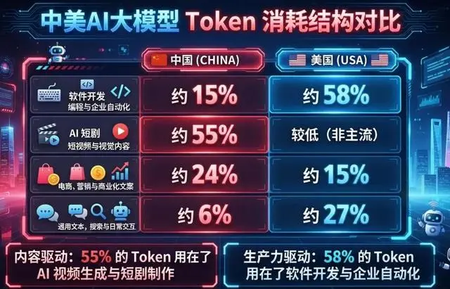 AI真相：中国Token消耗第一是做短剧，美国Token消耗第一是编程序